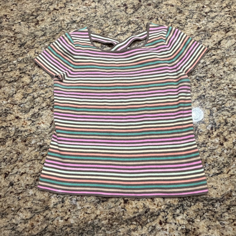 Talbots Womens Large Striped Ribbed Knit Top Short Sleeve Criss Cross Back Brown